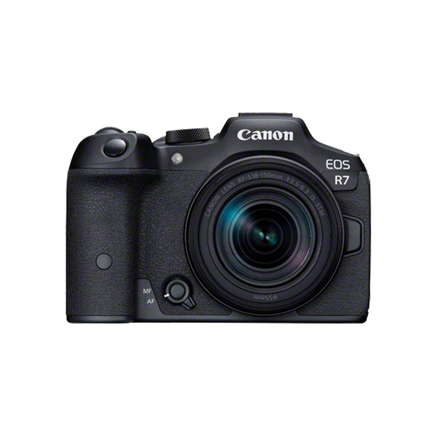 Canon mirrorless camera with a lens on a clean studio surface.