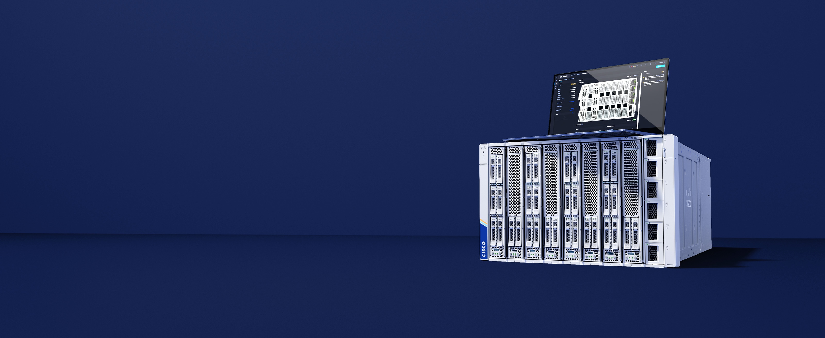 Rows of server/data centre racks with cabling, or a close-up of a Cisco UCS server unit.