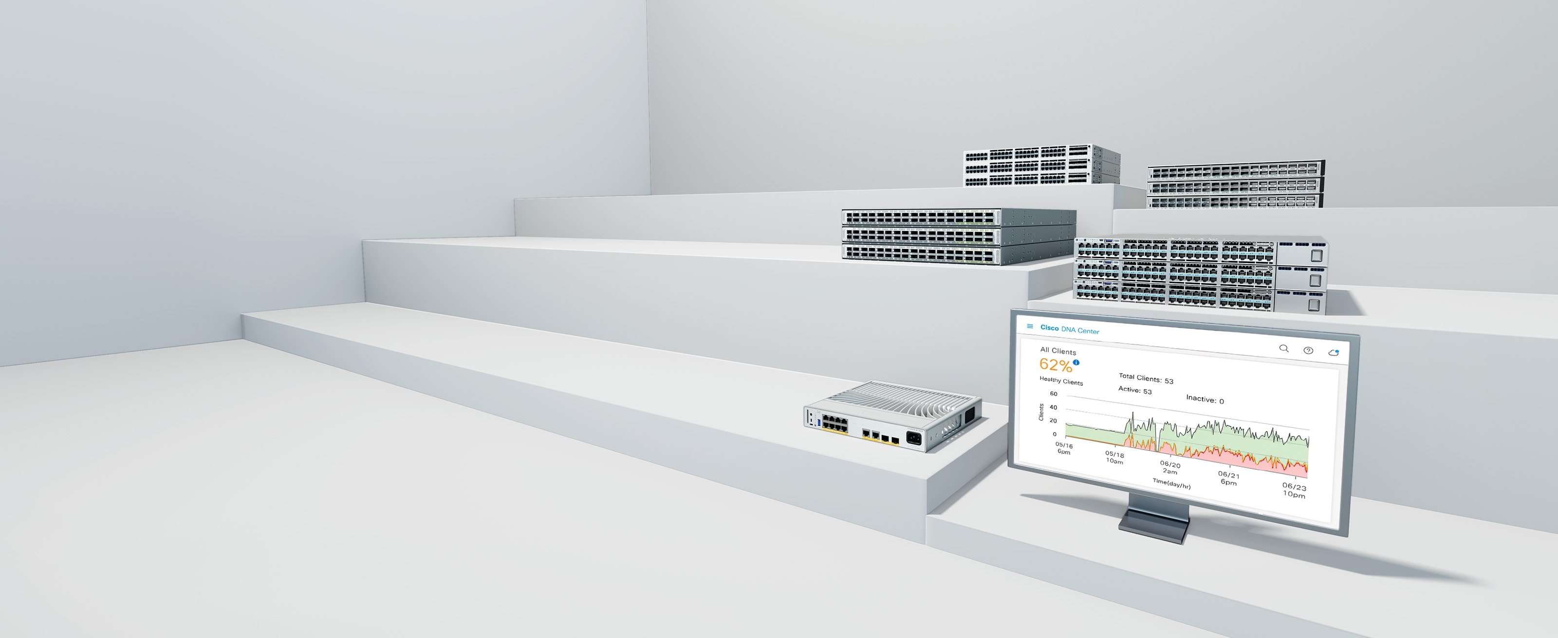 Cisco Catalyst switch mounted in a server rack, cables neatly routed.