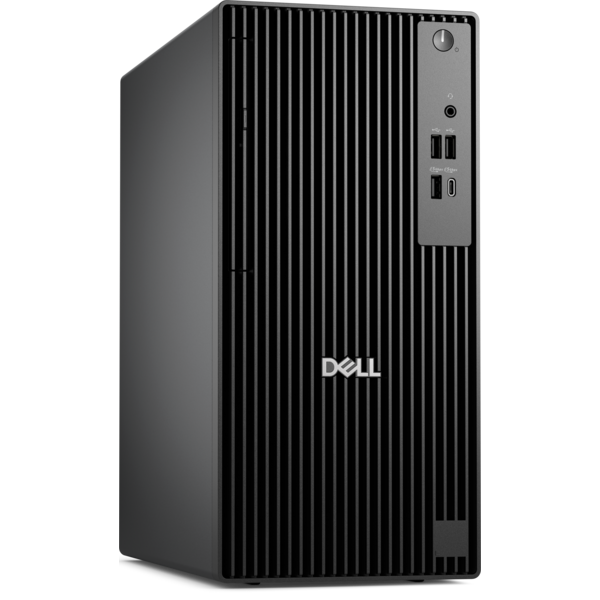 Product shot of a Dell desktop tower or compact PC on an office desk beside a monitor and keyboard.