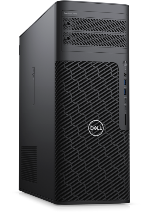 Product shot of a Dell Precision tower workstation standing beside a desk in an engineering or design studio setting.