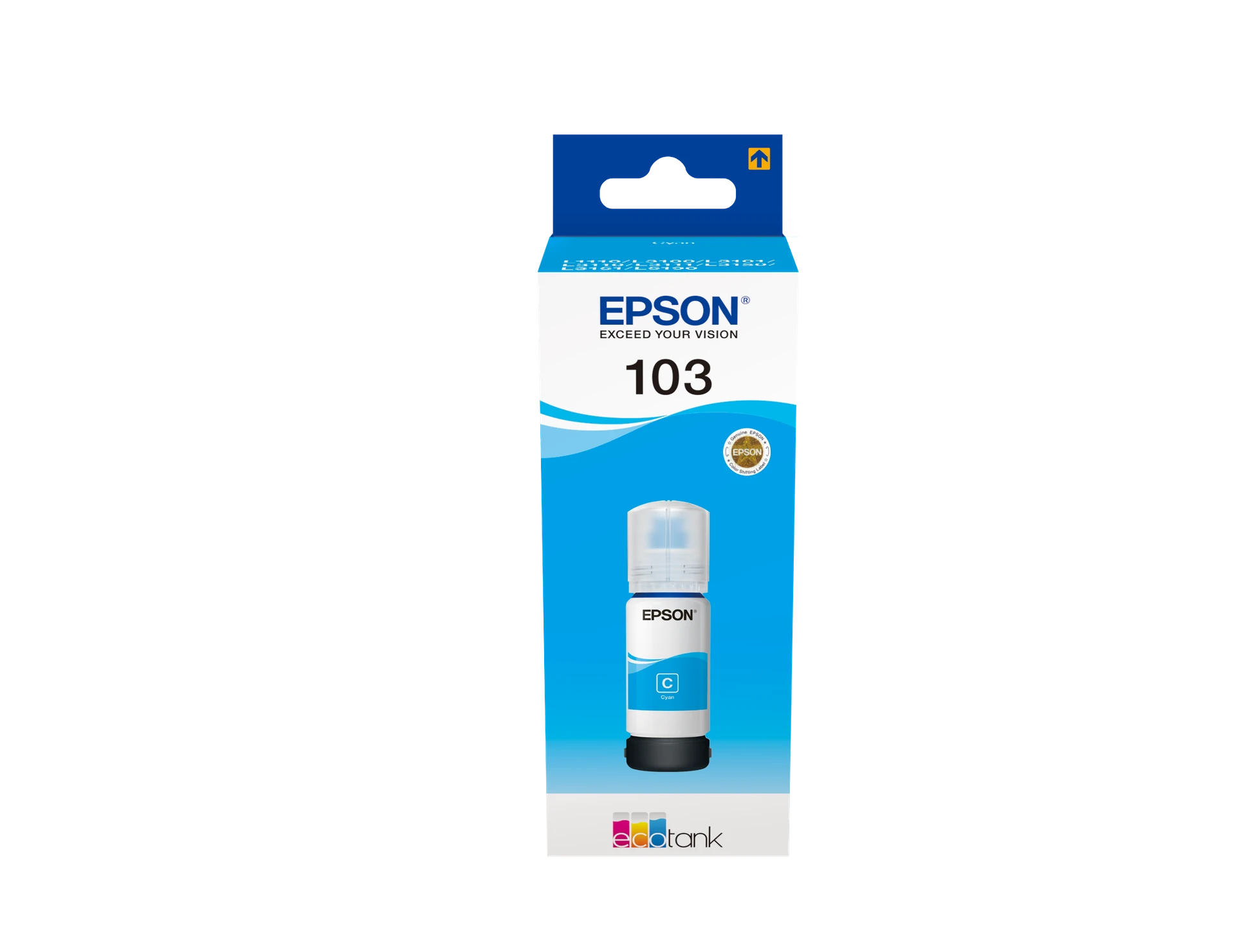 Close-up of Epson EcoTank ink bottles being poured into a printer's ink tank.