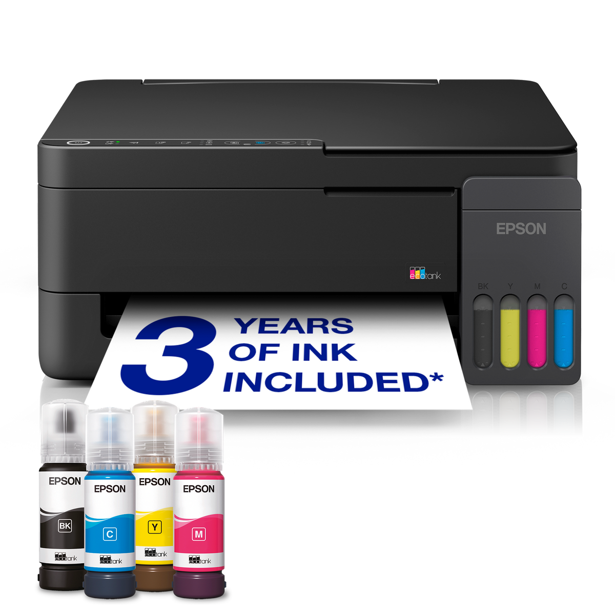 Stack of printed business documents beside a compact mono printer in an office setting.
