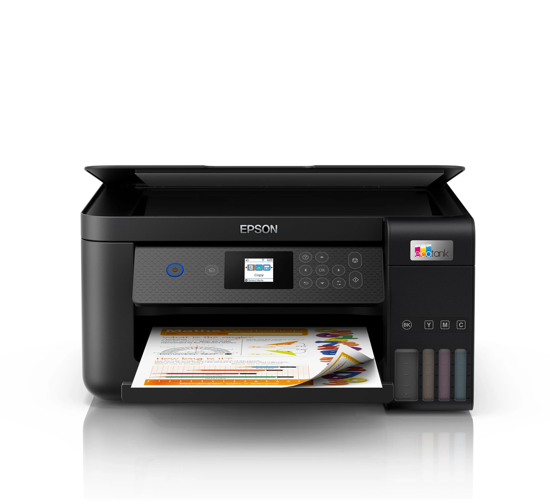 EcoTank all-in-one printer on an office desk with a professional at a workstation nearby.