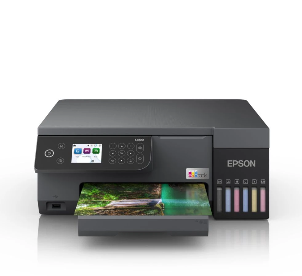 Printed photo or marketing brochure coming out of an EcoTank printer, vivid colours visible.