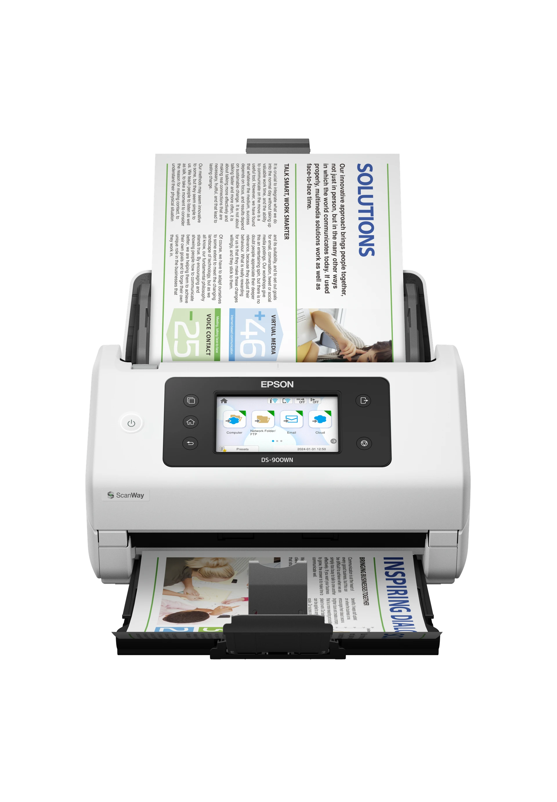 Office worker feeding documents into a sheet-fed scanner at a desk.