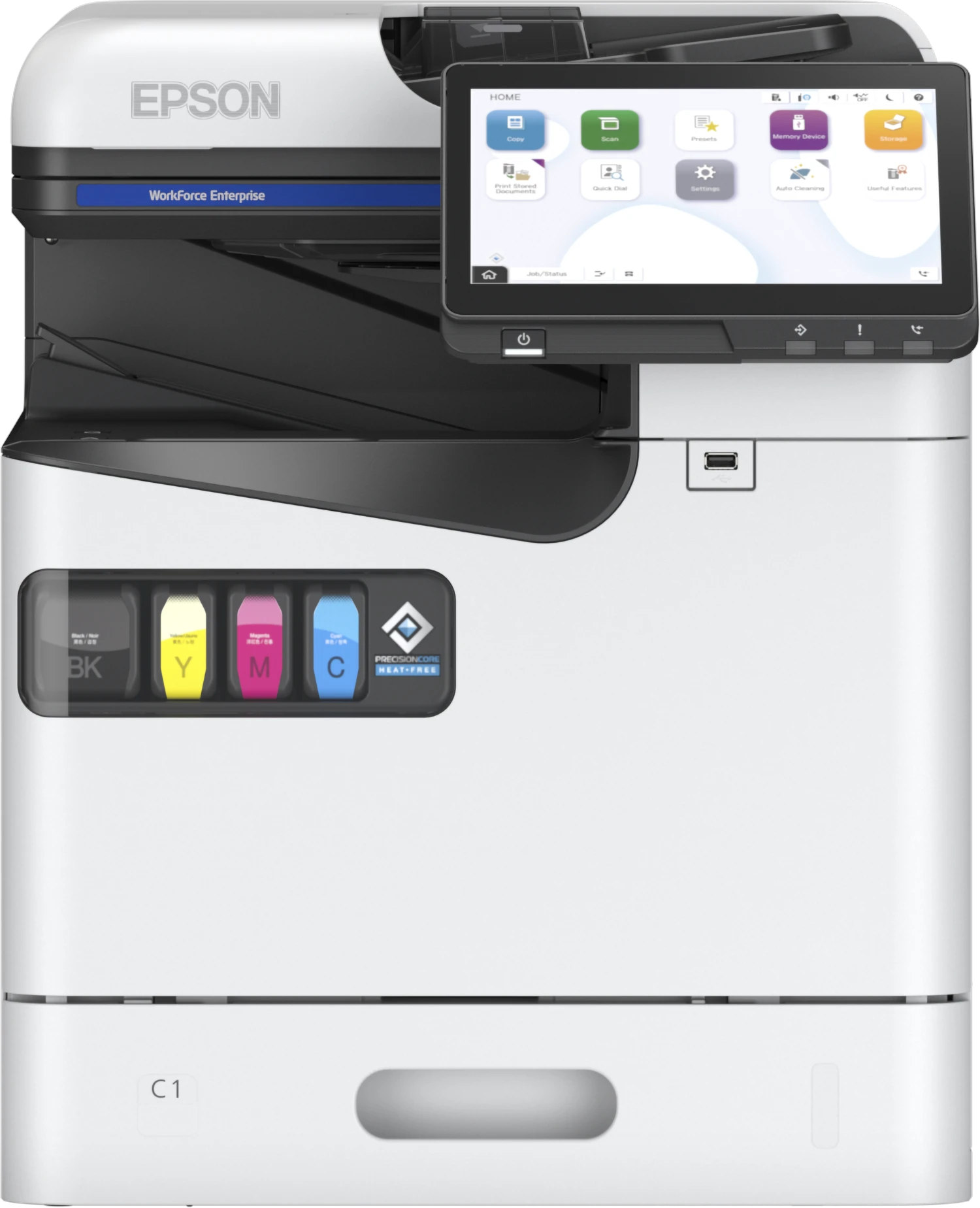 WorkForce all-in-one printer in a shared office space with a small paper tray/output stack visible.