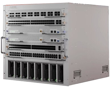 Managed network switch with patch cables connected, rack or wiring-closet setting.