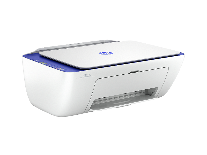 Product shot of an HP all-in-one inkjet printer on an office desk, ideally with a printed colour document visible.