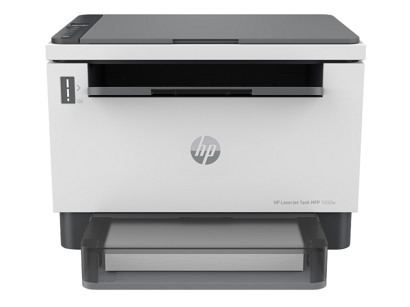 Lineup shot of two to three HP LaserJet mono/colour printers in an office print-room setting.