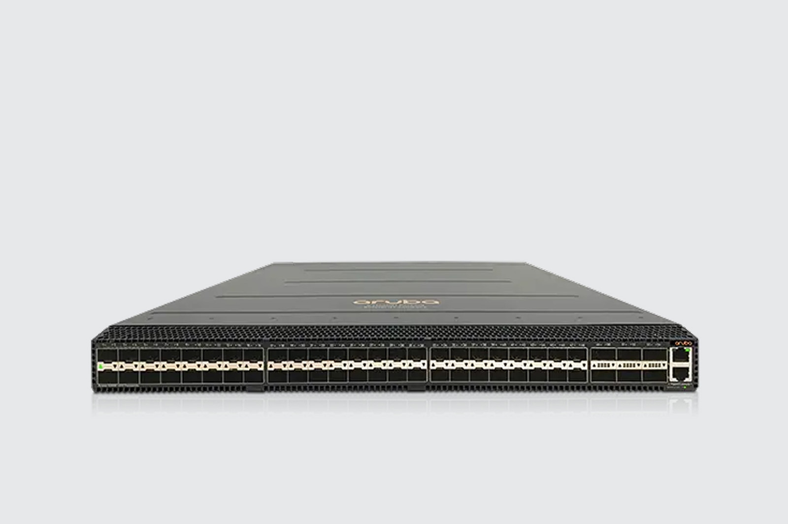 Wide shot of a structured comms/network rack showing switches, patch panels and cable management.