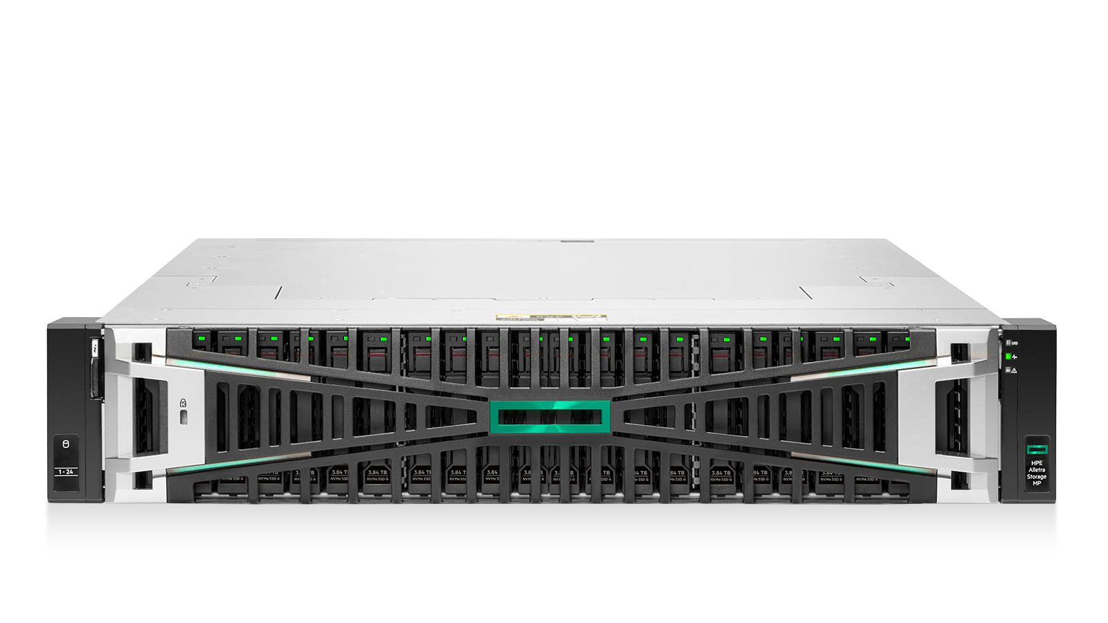Rack-mounted HPE storage array in a data centre, cables visible at the rear or front bezel showing the HPE branding.