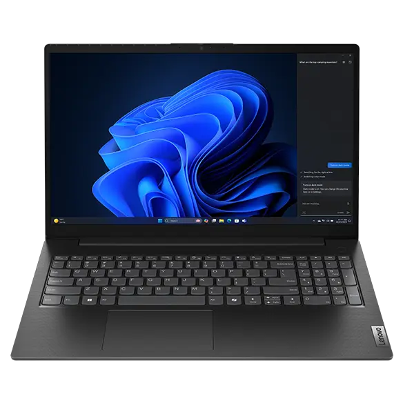 Product shot of a Lenovo V series laptop on a simple office desk, conveying practicality and value.