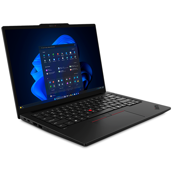 Hero shot of a Lenovo ThinkPad laptop on a desk in a professional office setting, ideally with a business traveller's bag nearby.