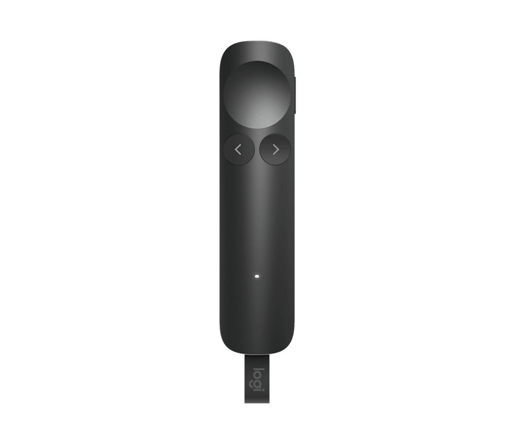 Logitech presenter remote and accessories laid out on a desk.