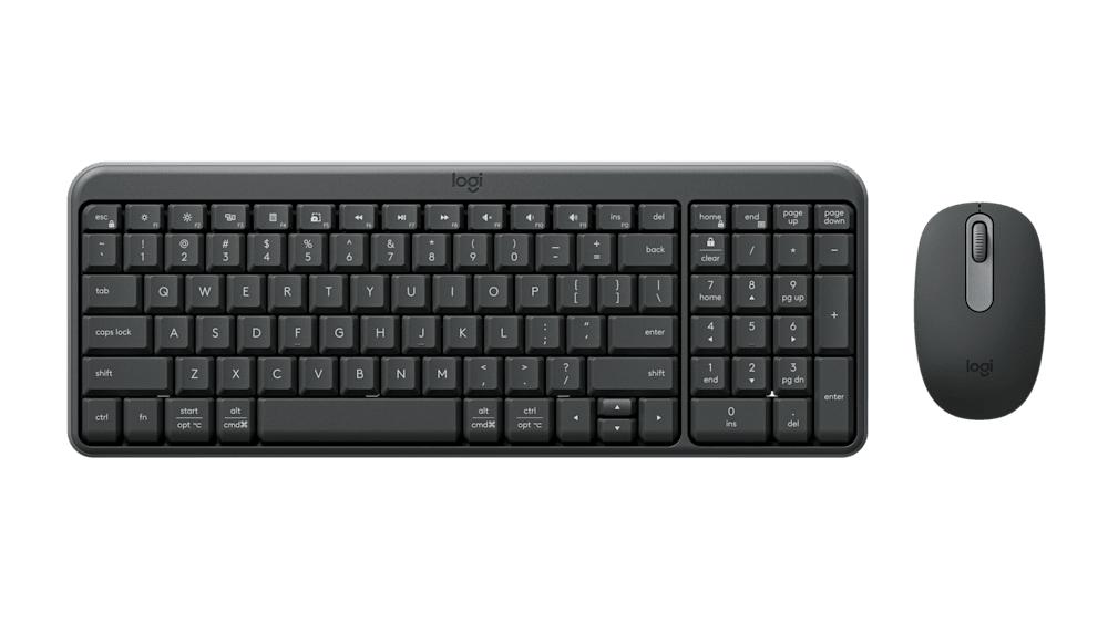 Logitech wireless keyboard and mouse on an office desk.