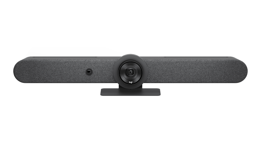 Logitech video conferencing bar in a corporate meeting room.