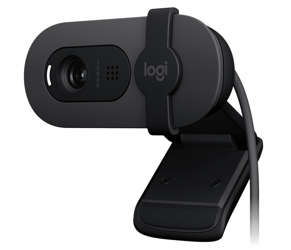 Logitech webcam mounted on a monitor during a video call.