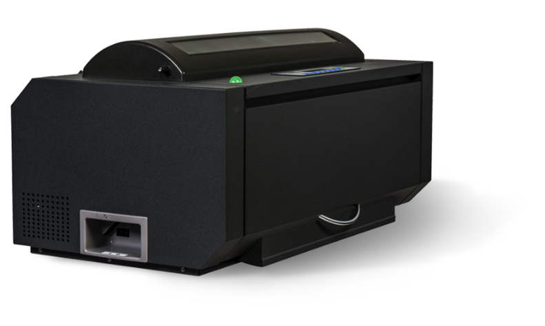 Compact dot matrix printer on an office or counter desk.