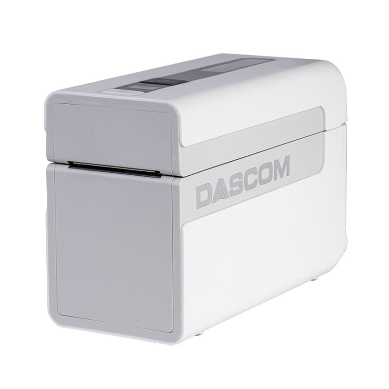 Barcode label printer producing labels next to a barcode scanner.
