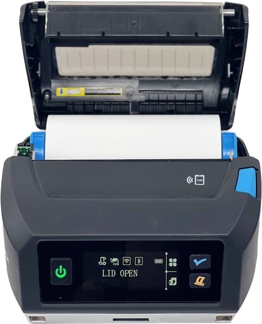 Handheld or belt-mounted portable printer in use by a delivery or field agent.