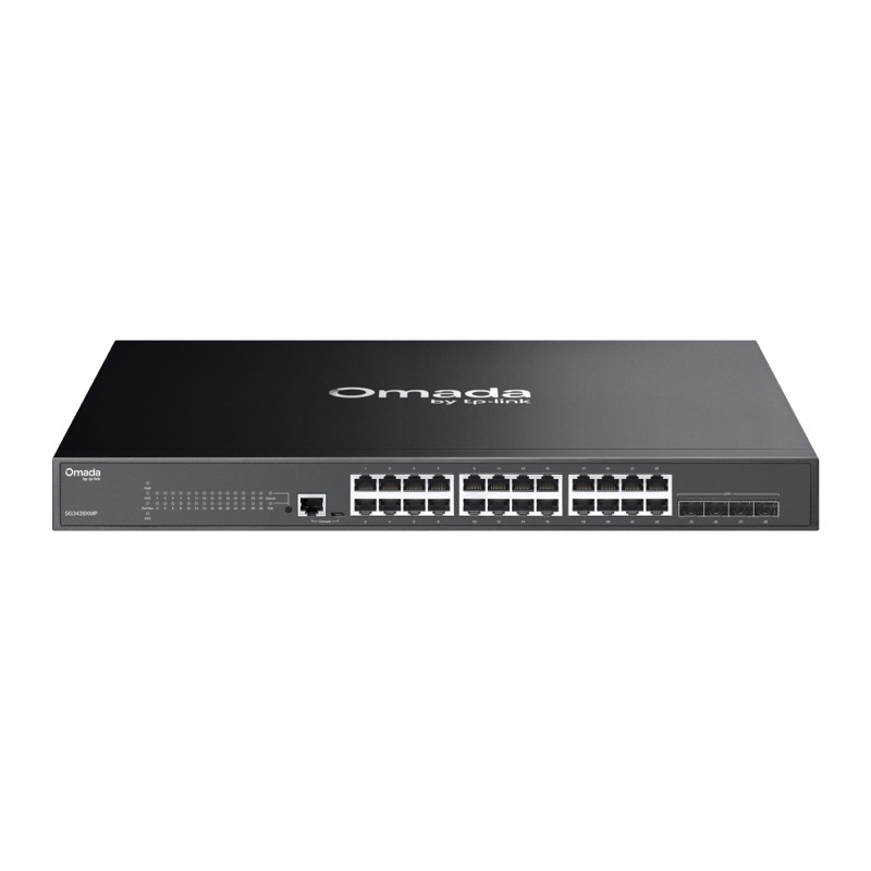 TP-Link network switch with cables connected in a rack.